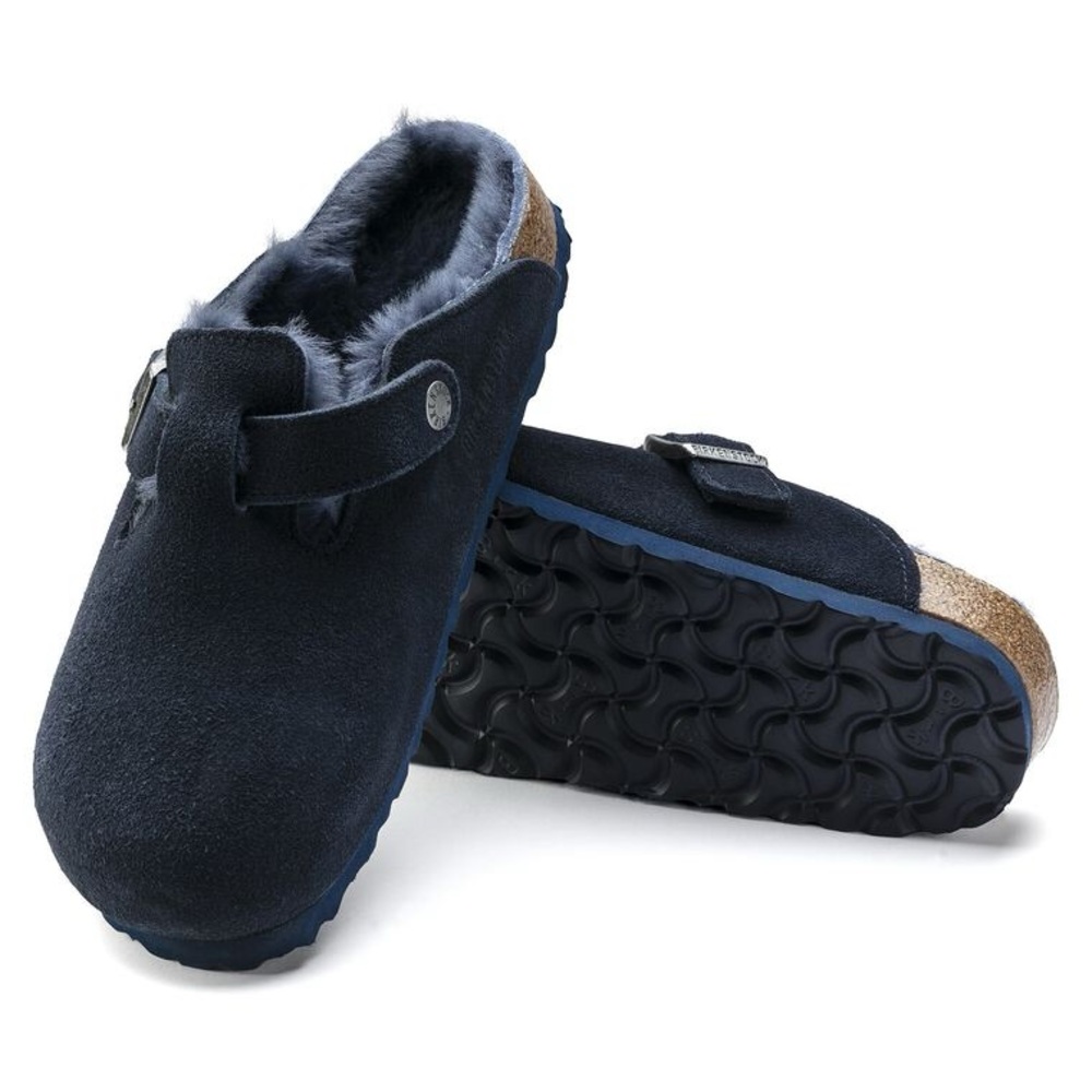 Birkenstock Boston Shearling Navy Blue Suede Clogs Slip On Sandals Size 41